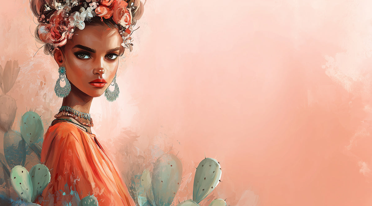 Boho Floral Portrait - Frida Kahlo Style Art Mural