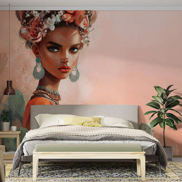 Boho Floral Portrait - Frida Kahlo Style Art Mural