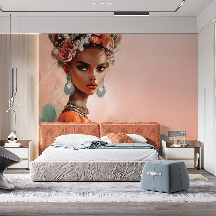 Boho Floral Portrait - Frida Kahlo Style Art Mural