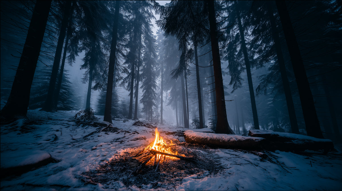 Midnight Winter Forest Campfire - Moody Nature Wallpaper
