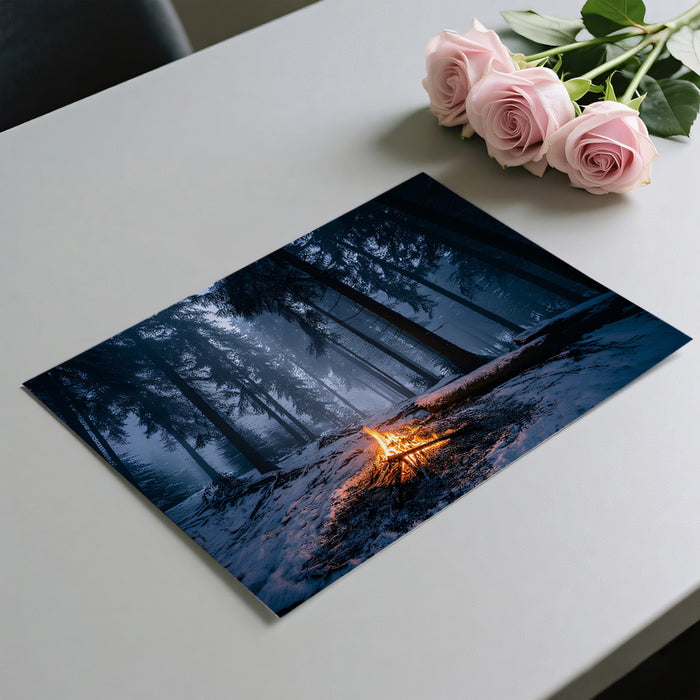 Midnight Winter Forest Campfire - Moody Nature Wallpaper