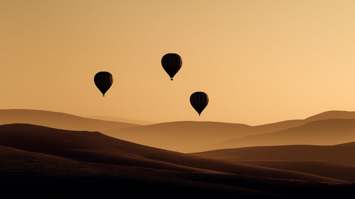 Sepia Sunset Balloons Over Hills - Minimalist Landscape Mural