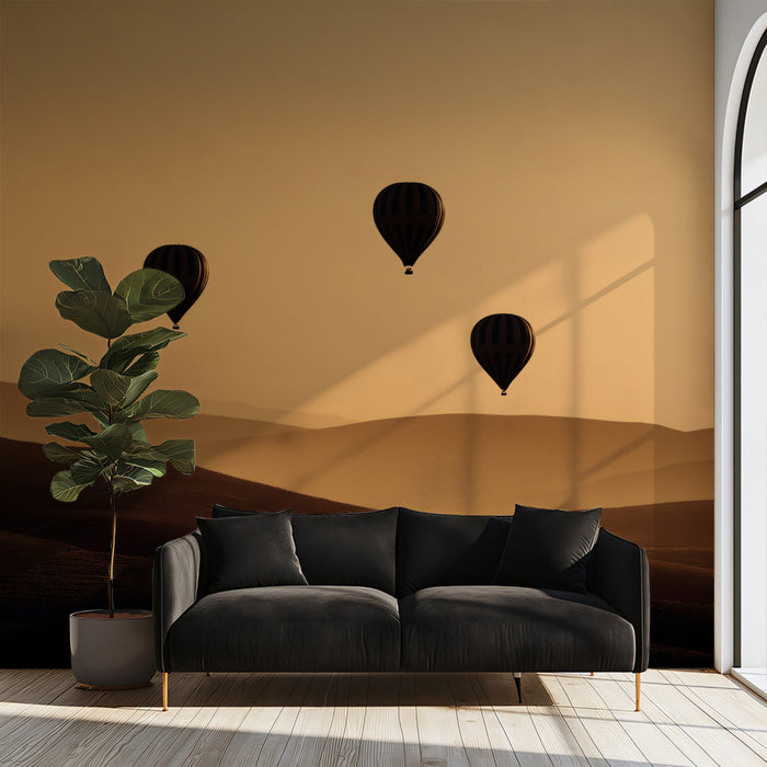 Sepia Sunset Balloons Over Hills - Minimalist Landscape Mural