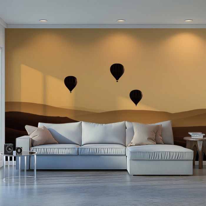 Sepia Sunset Balloons Over Hills - Minimalist Landscape Mural
