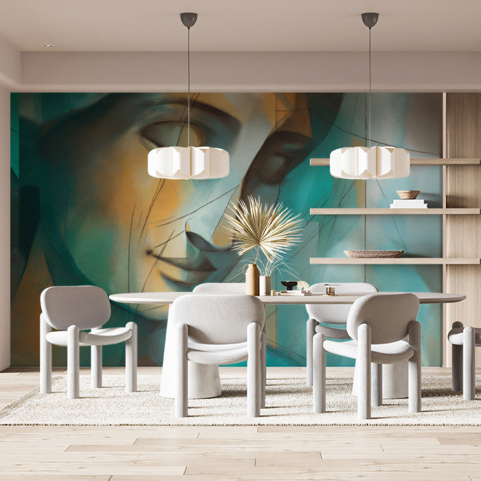 Blue & Teal Cubist Portrait - Modern Abstract Face Mural