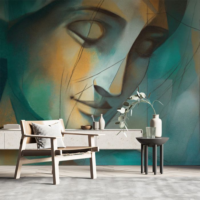 Blue & Teal Cubist Portrait - Modern Abstract Face Mural