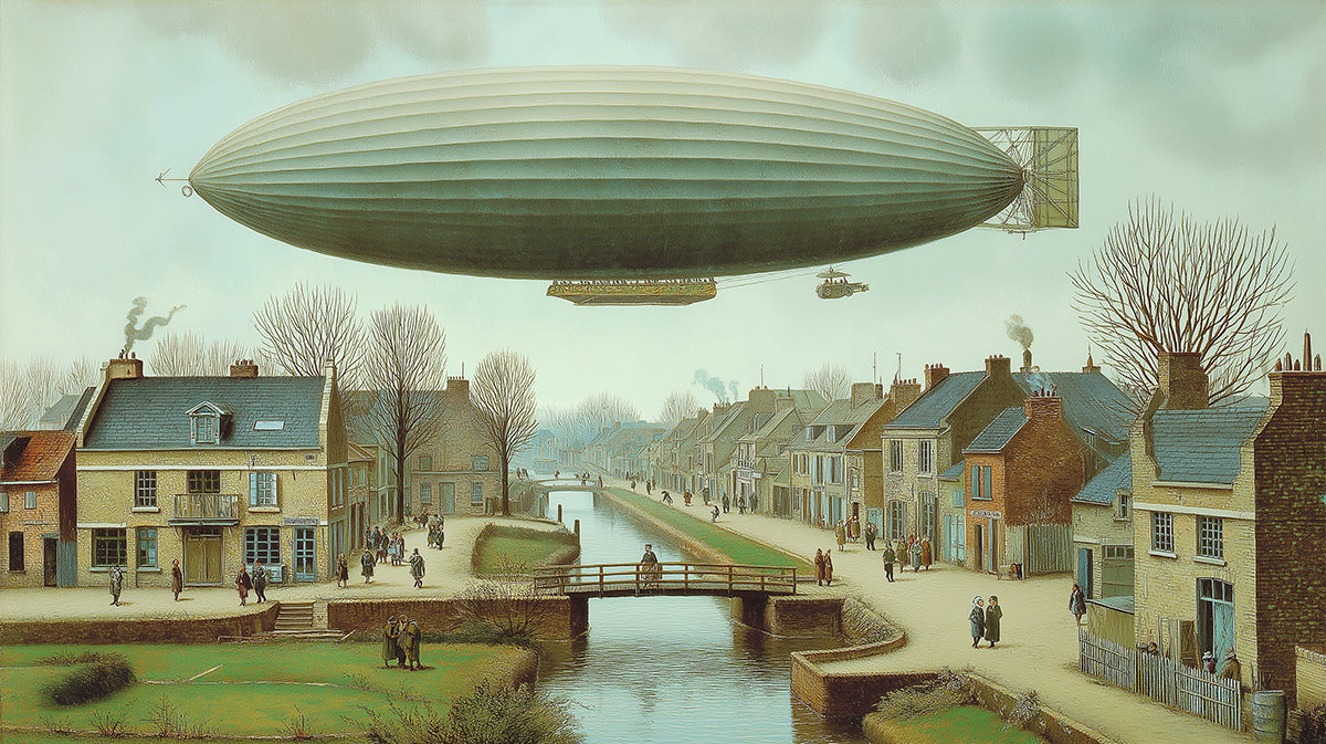 Vintage Airship Over Canal Village - Steampunk Art Mural