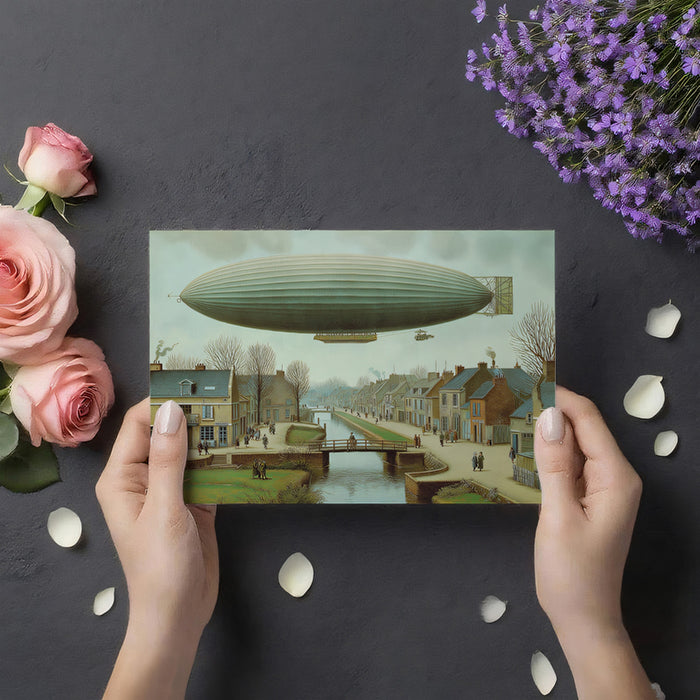 Vintage Airship Over Canal Village - Steampunk Art Mural