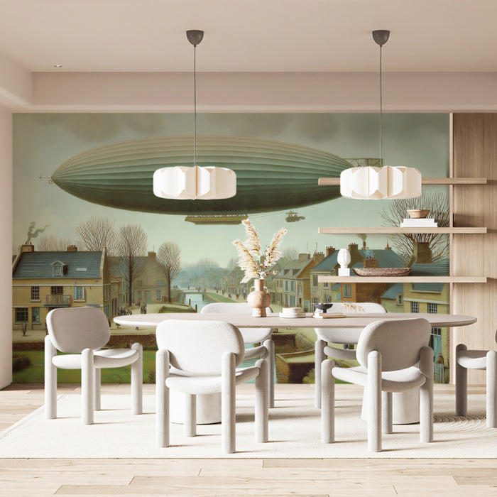 Vintage Airship Over Canal Village - Steampunk Art Mural