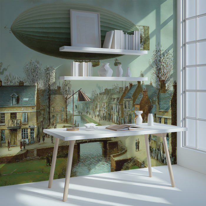 Vintage Airship Over Canal Village - Steampunk Art Mural