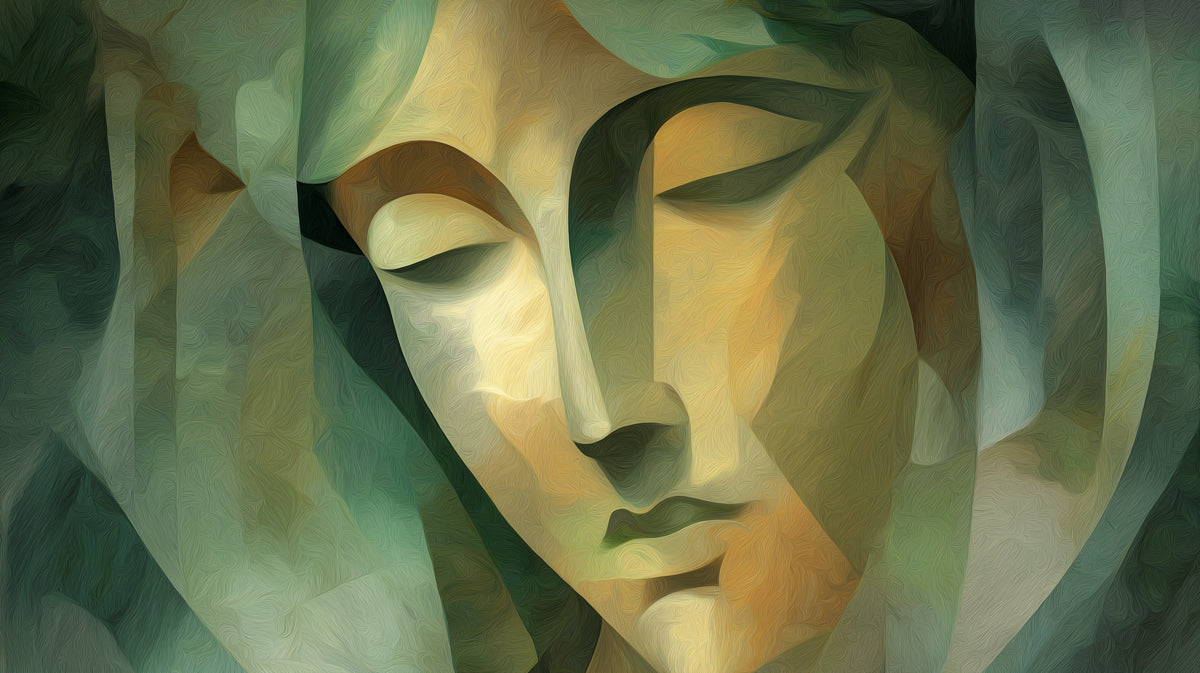 Abstract Cubist Woman Portrait - Green & Gold Modern Art