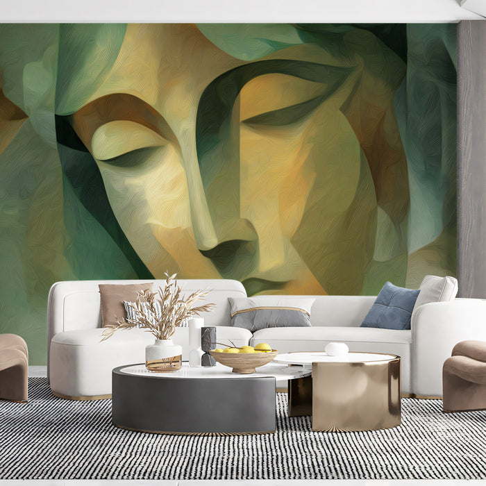 Abstract Cubist Woman Portrait - Green & Gold Modern Art