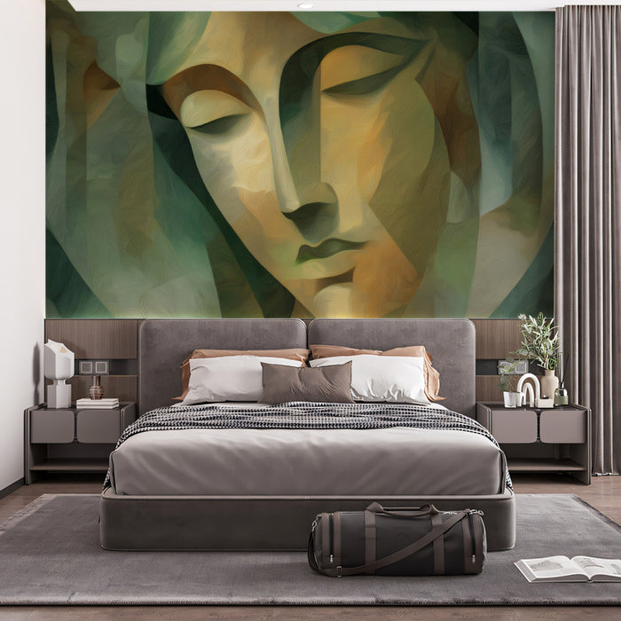 Abstract Cubist Woman Portrait - Green & Gold Modern Art