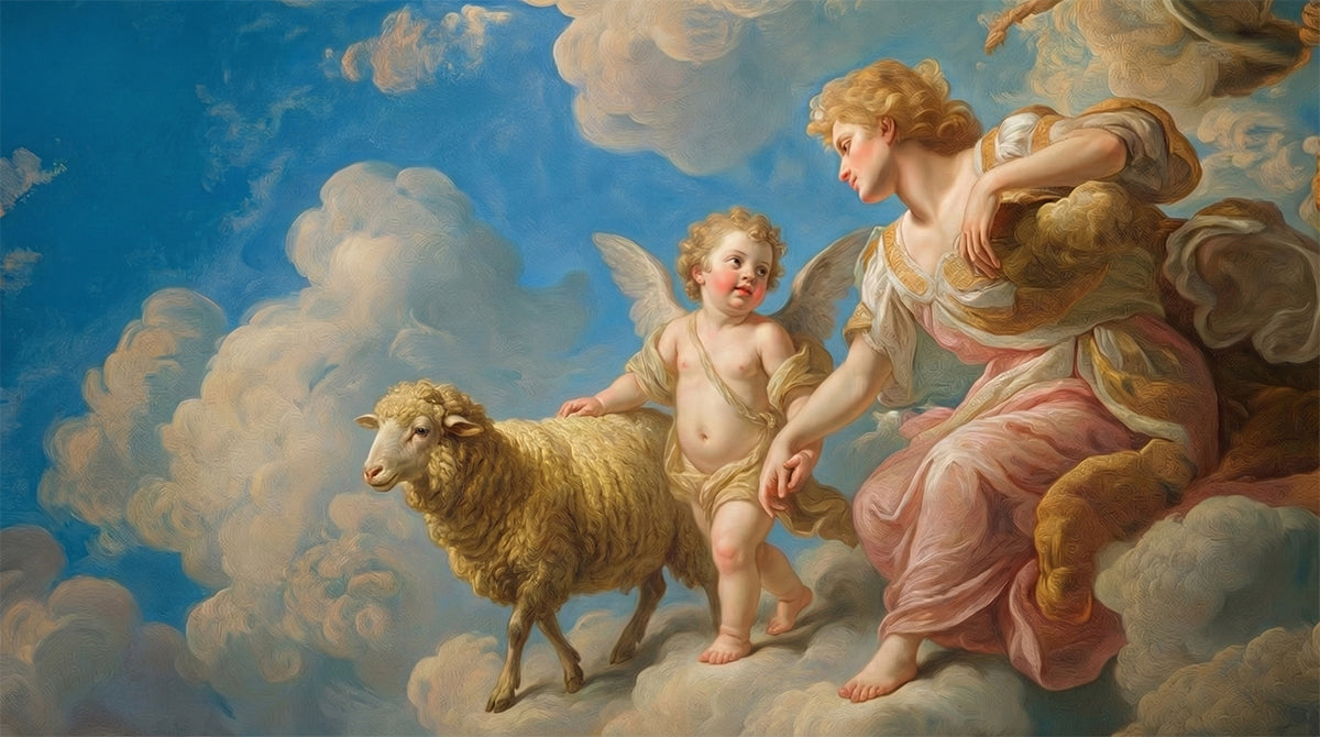 Renaissance Angel & Sheep in Clouds - Heavenly Classic Mural
