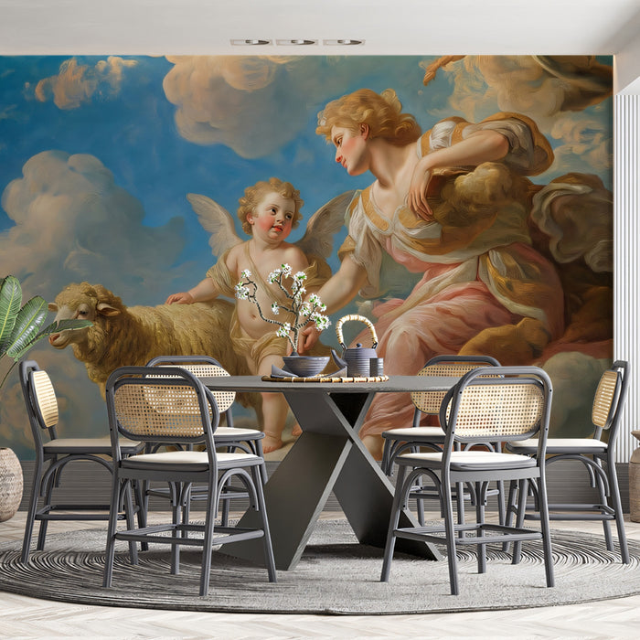 Renaissance Angel & Sheep in Clouds - Heavenly Classic Mural
