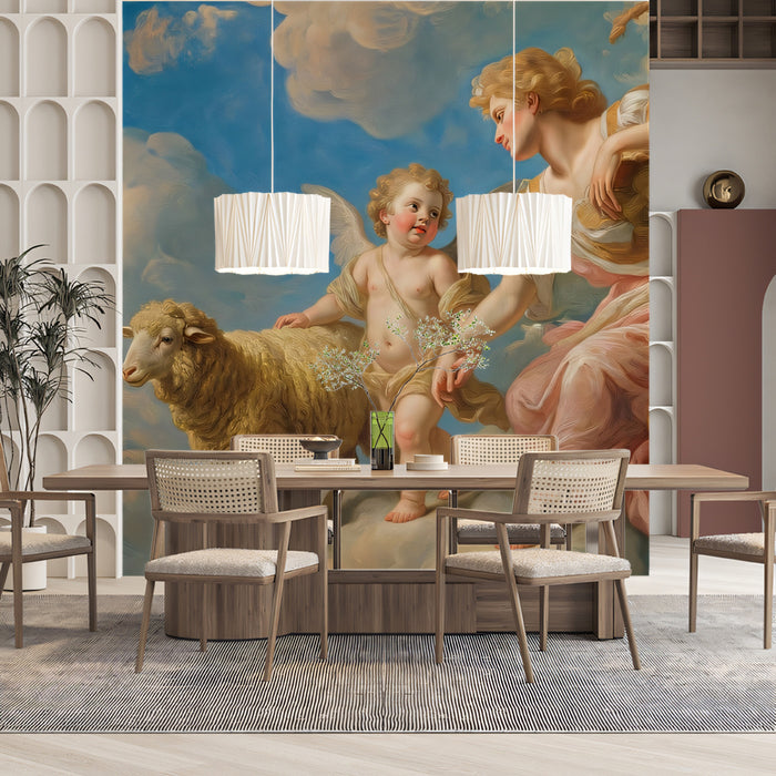 Renaissance Angel & Sheep in Clouds - Heavenly Classic Mural