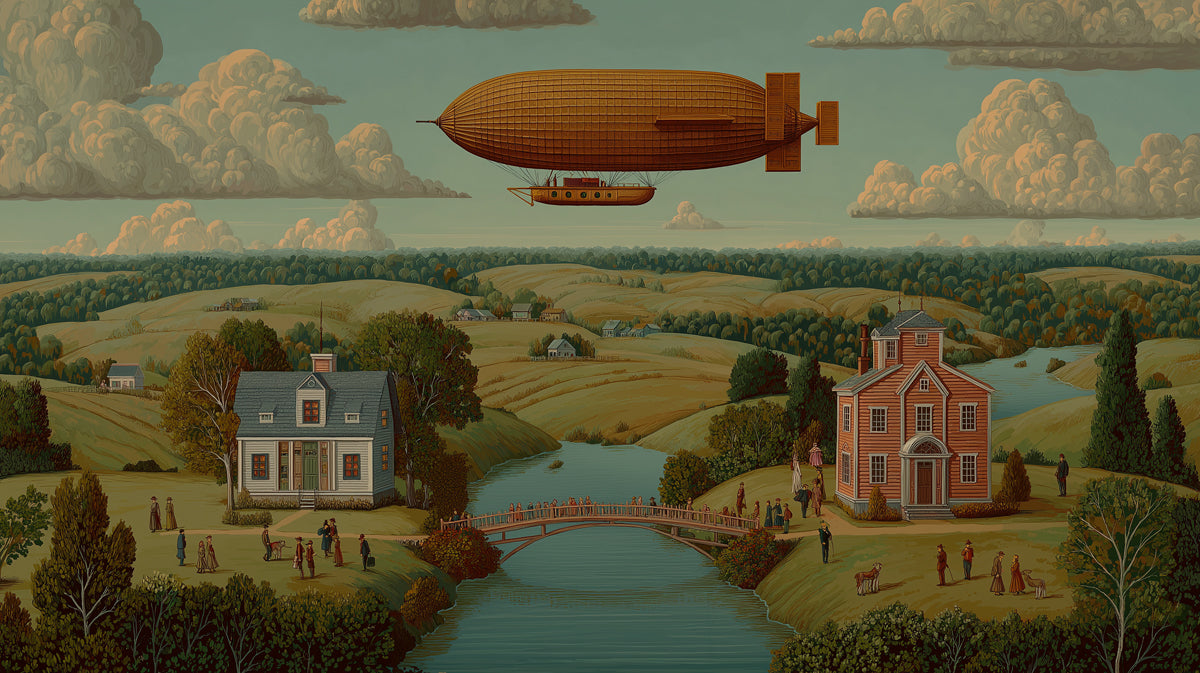 Vintage Airship Over Countryside - Folk Art Steampunk Mural