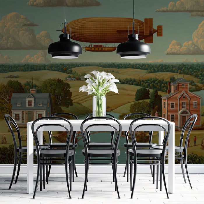Vintage Airship Over Countryside - Folk Art Steampunk Mural