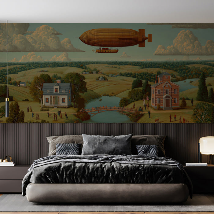 Vintage Airship Over Countryside - Folk Art Steampunk Mural