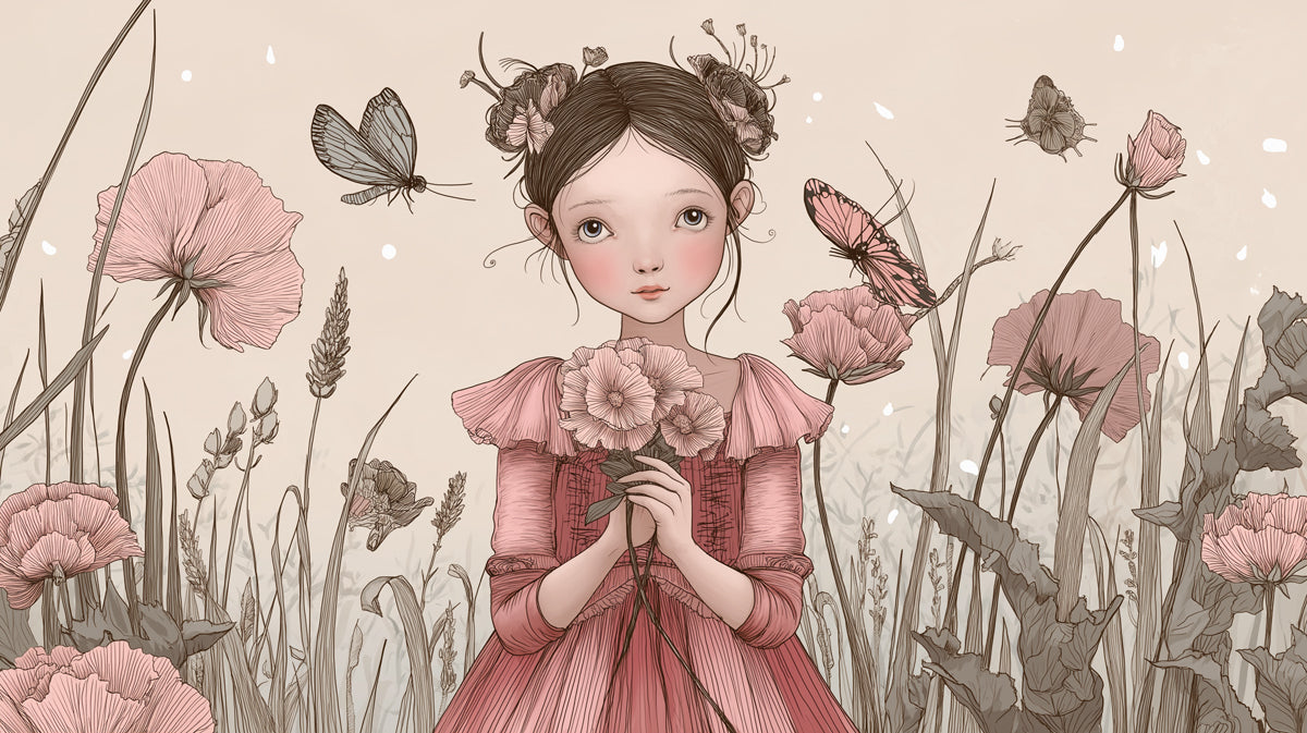 Whimsical Floral Girl Illustration - Pink & Sepia Nursery Mural