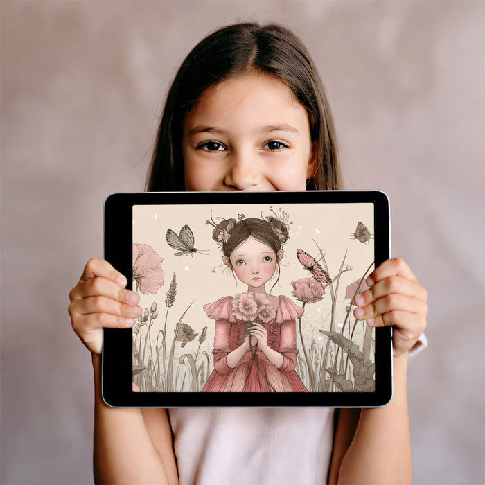 Whimsical Floral Girl Illustration - Pink & Sepia Nursery Mural