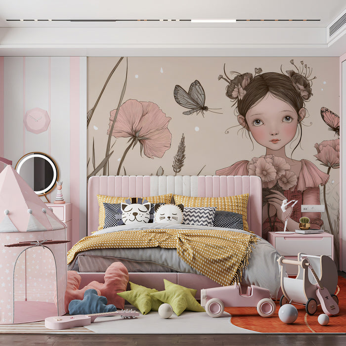 Whimsical Floral Girl Illustration - Pink & Sepia Nursery Mural