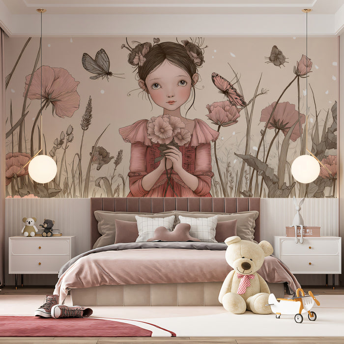 Whimsical Floral Girl Illustration - Pink & Sepia Nursery Mural