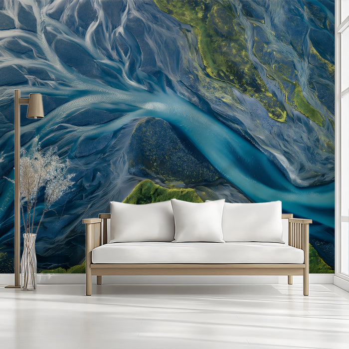 Aerial Glacial River Delta - Teal & Green Nature Texture Wallpaper