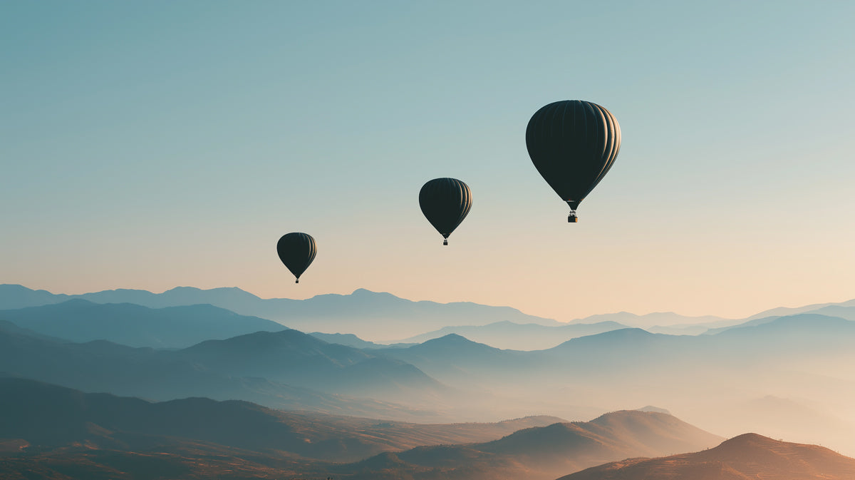 Minimalist Balloons Over Misty Mountains - Serene Landscape Mural