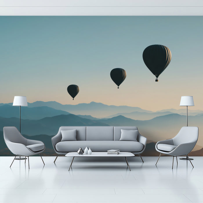 Minimalist Balloons Over Misty Mountains - Serene Landscape Mural