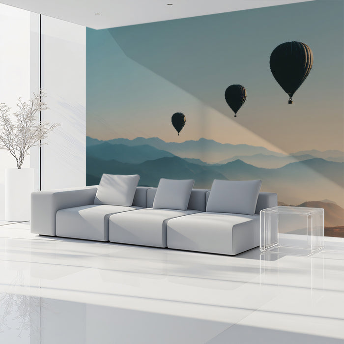 Minimalist Balloons Over Misty Mountains - Serene Landscape Mural