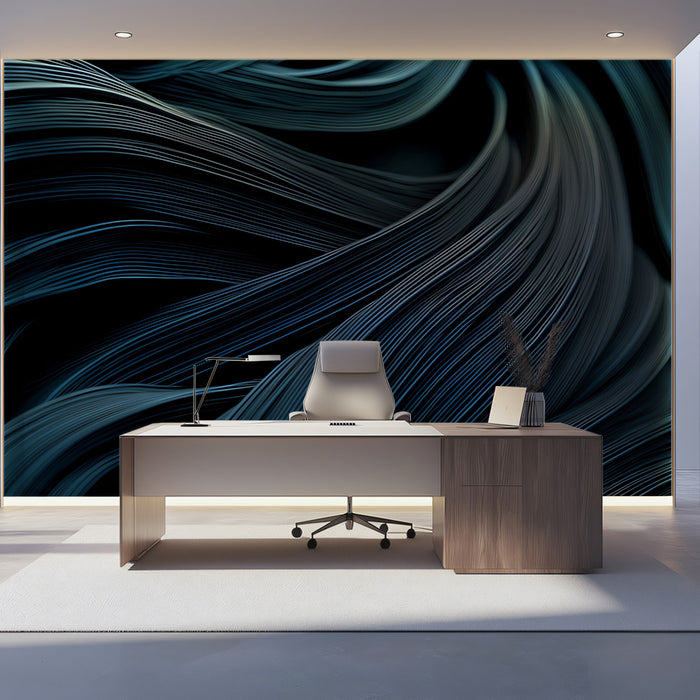 Dark Teal Abstract Wave Lines - 3D Flowing Texture Wallpaper