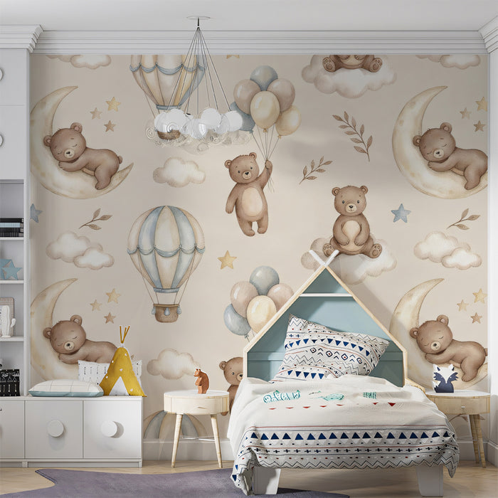 Sleepy Bears on Moons - Seamless Nursery Pattern Wallpaper