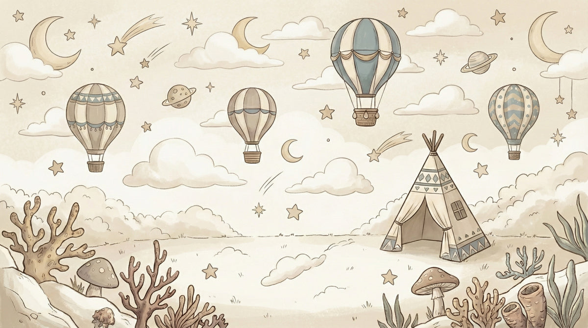 Sepia Hot Air Balloons & Teepee - Vintage Sketch Nursery Mural