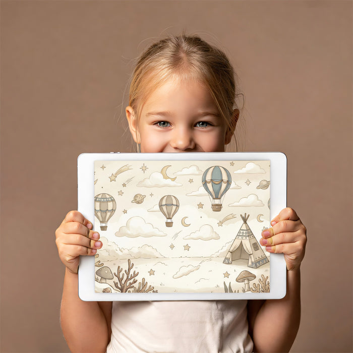 Sepia Hot Air Balloons & Teepee - Vintage Sketch Nursery Mural
