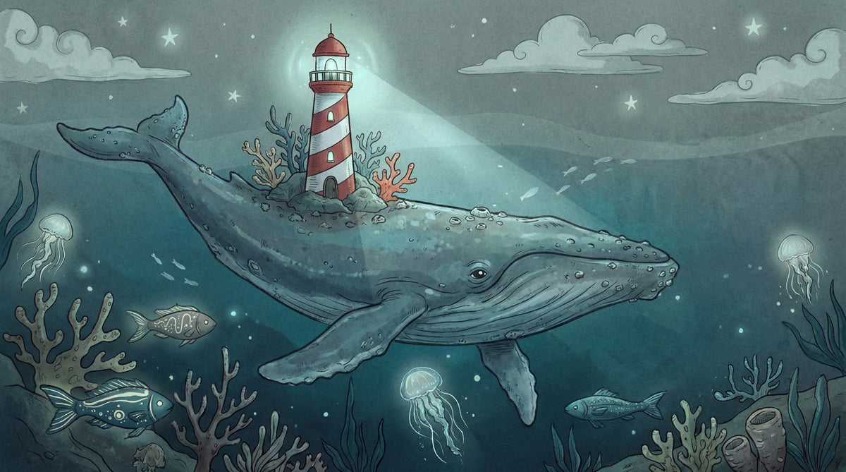 Whale & Lighthouse Ocean Dream - Whimsical Night Mural