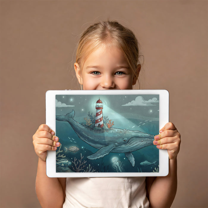 Whale & Lighthouse Ocean Dream - Whimsical Night Mural