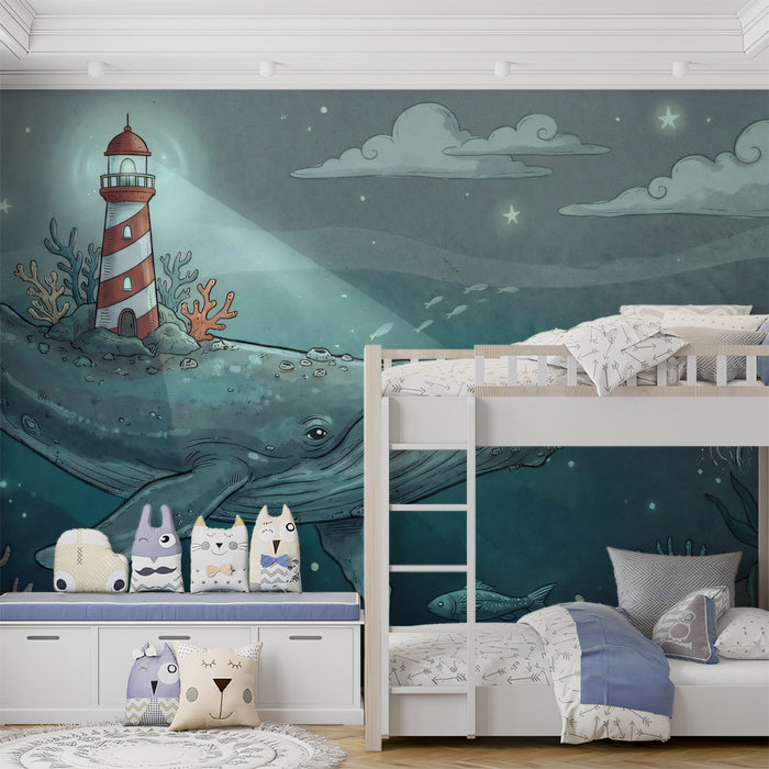 Whale & Lighthouse Ocean Dream - Whimsical Night Mural