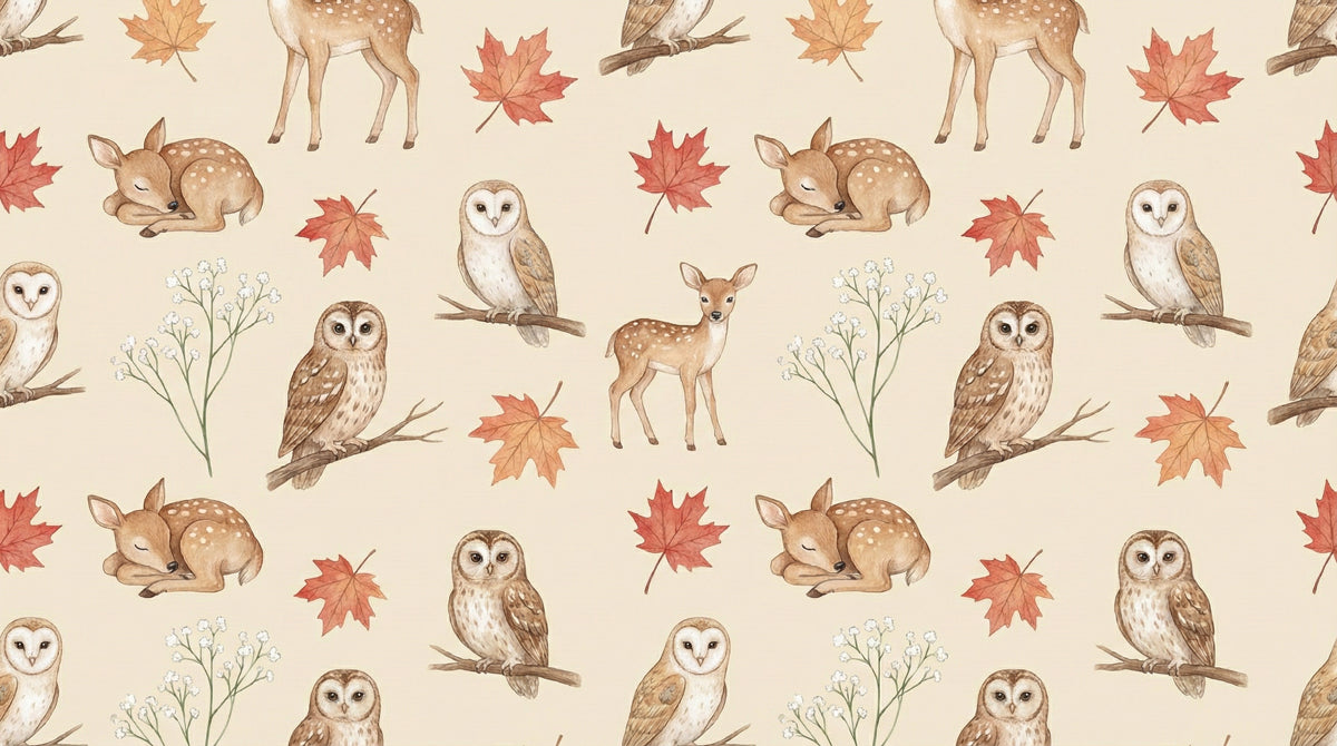 Autumn Woodland Animals Pattern - Watercolor Fawn & Owl Wallpaper