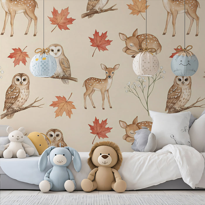 Autumn Woodland Animals Pattern - Watercolor Fawn & Owl Wallpaper