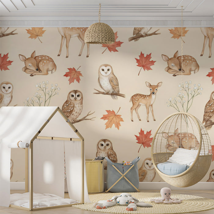 Autumn Woodland Animals Pattern - Watercolor Fawn & Owl Wallpaper