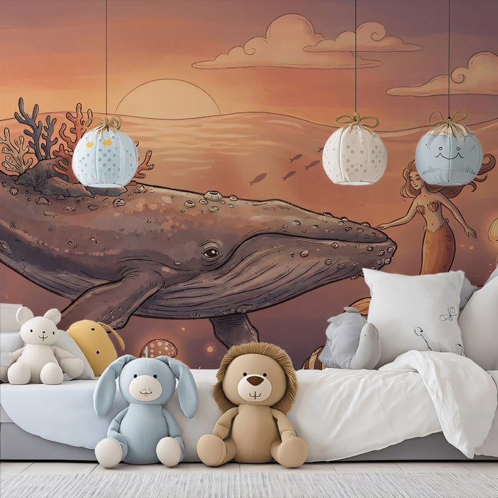 Whale & Mermaid Sunset - Underwater Fantasy Mural