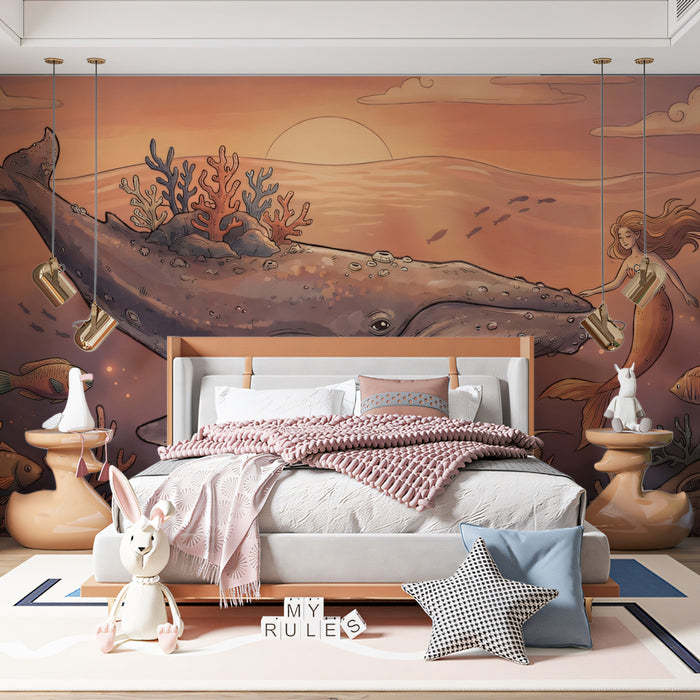 Whale & Mermaid Sunset - Underwater Fantasy Mural