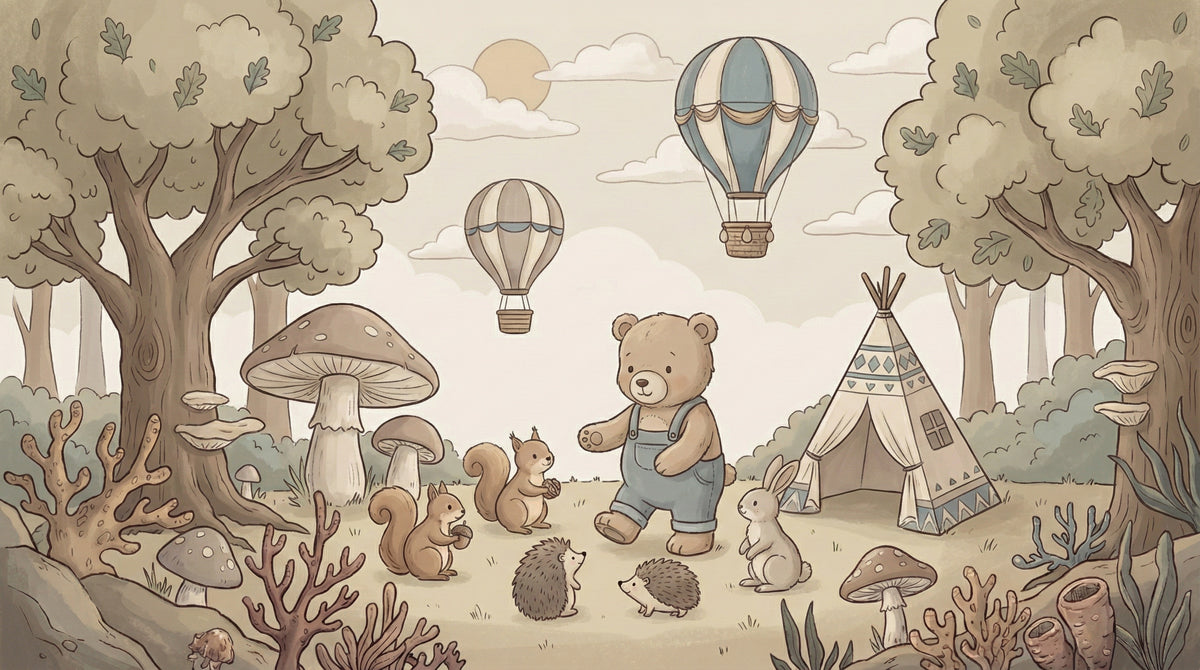Sepia Woodland Adventure - Bear & Teepee Nursery Mural