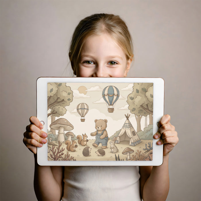 Sepia Woodland Adventure - Bear & Teepee Nursery Mural