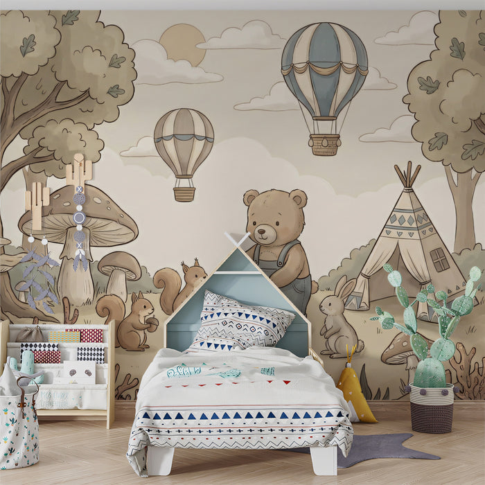 Sepia Woodland Adventure - Bear & Teepee Nursery Mural