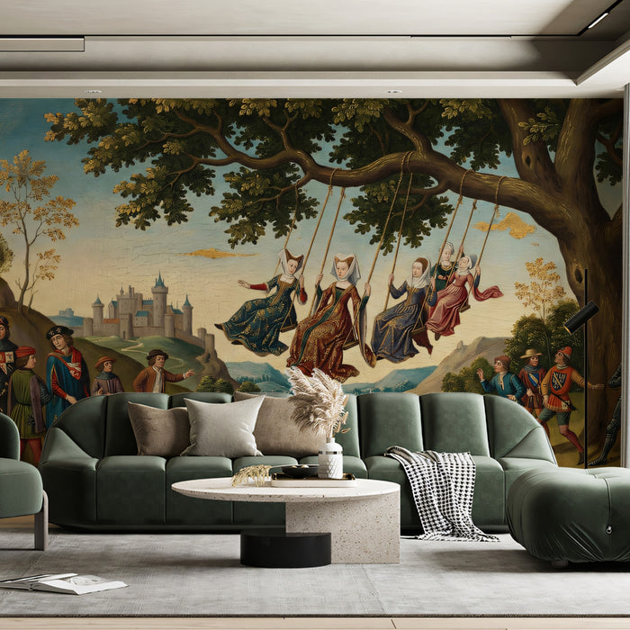 Medieval Ladies on Swings - Knights & Castle Landscape Mural
