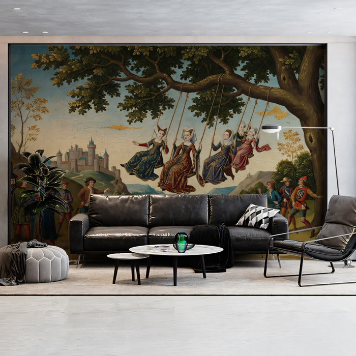 Medieval Ladies on Swings - Knights & Castle Landscape Mural