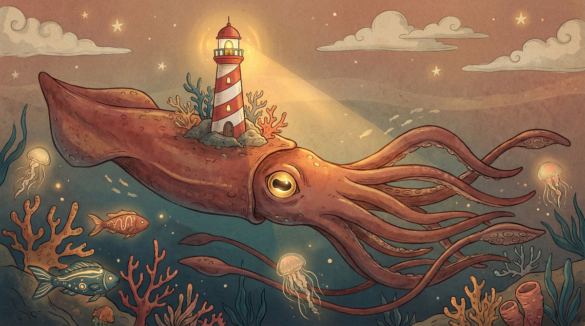 Giant Squid & Lighthouse - Whimsical Ocean Monster Mural