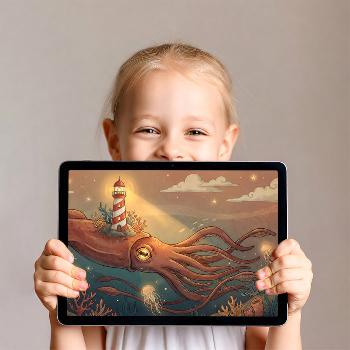 Giant Squid & Lighthouse - Whimsical Ocean Monster Mural